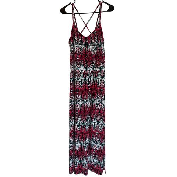 Tart Aztec Tribal Striped Multicolor Modal Maxi Dress Cross Back Pink Black Teal - Picture 1 of 7